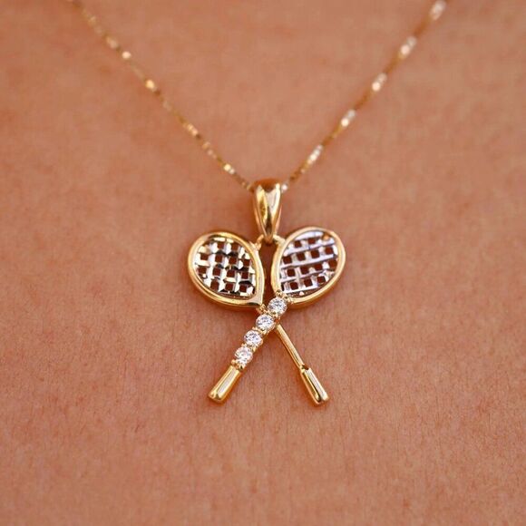 14K Solid Gold Tennis Racquet Pendant 1.4g Two-Tone - Picture 2 of 5